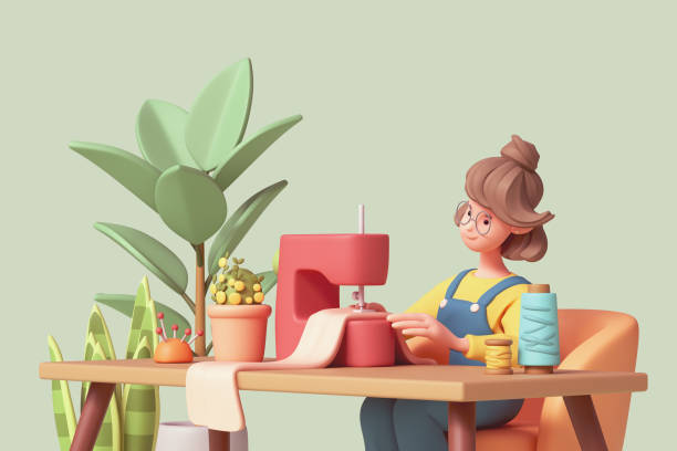 istock 3d render girl sews clothes on red sewing machine. 2088793763