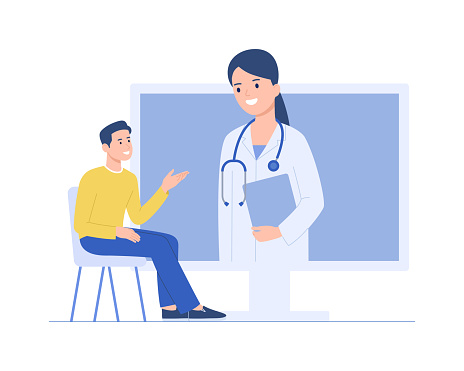 Man is talking to doctor, video call. Medical Consultation by Internet with Doctor. Online Doctor, Telemedicine, Medical Service Online for Patients. Vector illustration in flat style.