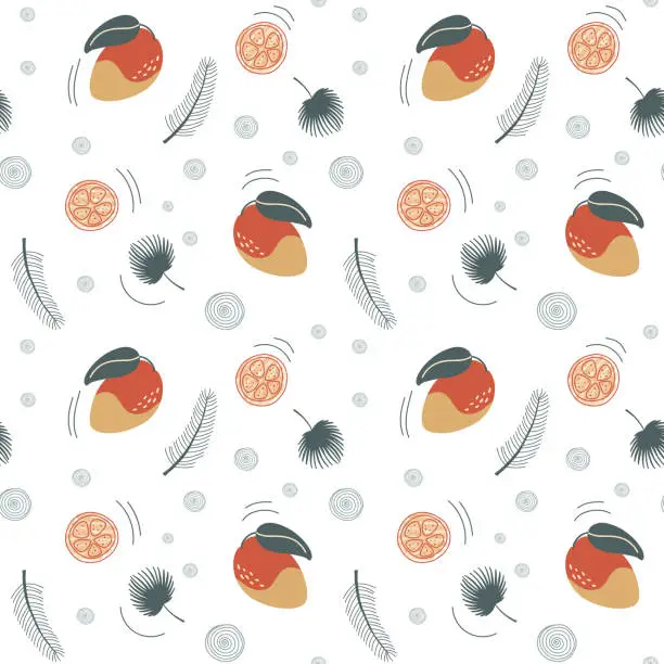 Vector illustration of Seamless background with mango and orange. Cute simple pattern with tropical doodle fruits.