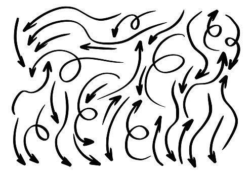 Marker marks of arrow shapes with loose strokes, design resource with real loose and energetic strokes of various arrows forming waves, twists...