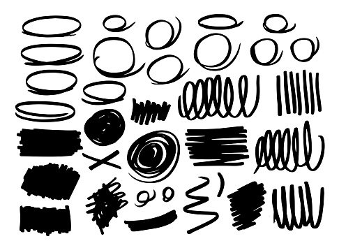 Vectorized strokes made with felt-tip pen, real hand drawn strokes with various shapes. Round calligraphic shapes, arrows shapes, design resource with real, loose and energetic strokes