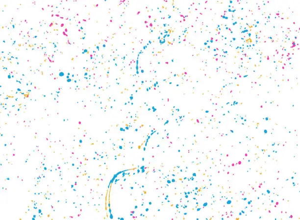 Vector illustration of Abstract background of loose splashes in cheerful colors, splashed three-color inks. Fun, naive stencil texture. Real paint jet, splashed with spray paint.