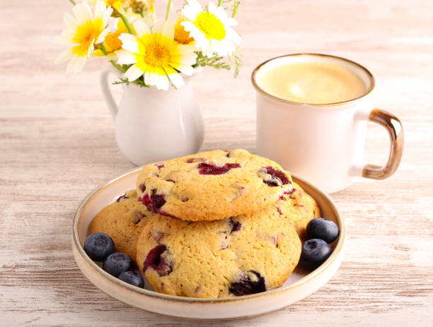 Blueberry and chocolate cookies, on plate