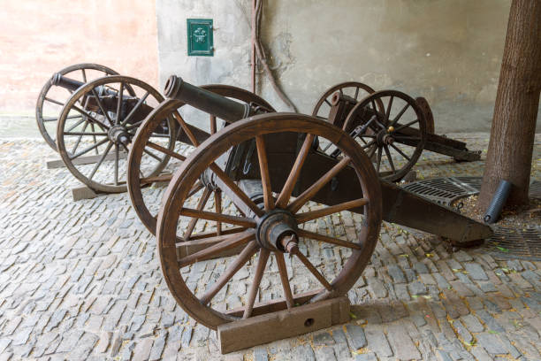 An ancient cannon is located near the castle. View from above. Senftenberg, Germany