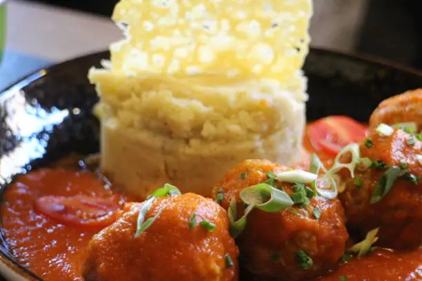 Belgian home-cooked style Boulettes (meatballs stew with tomatoes) at a restaurant in Bruges, Belgium