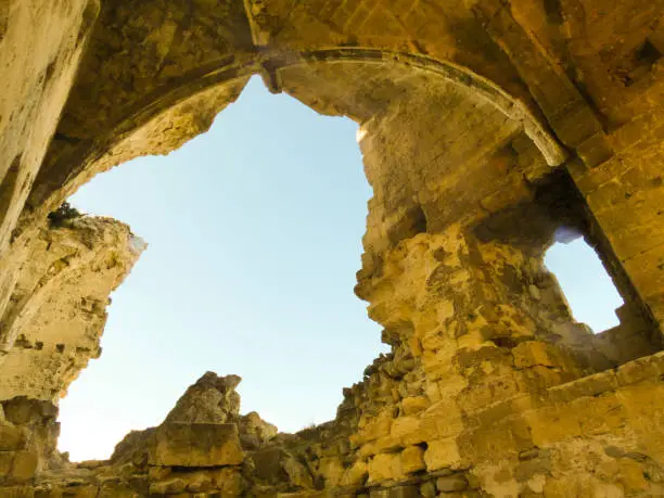 Photo taken from inside the ruins of the castle of Queen Jeanne, parts of the wall and ceiling of which have collapsed, and the hole thus created strangely resembles the shape of France.
