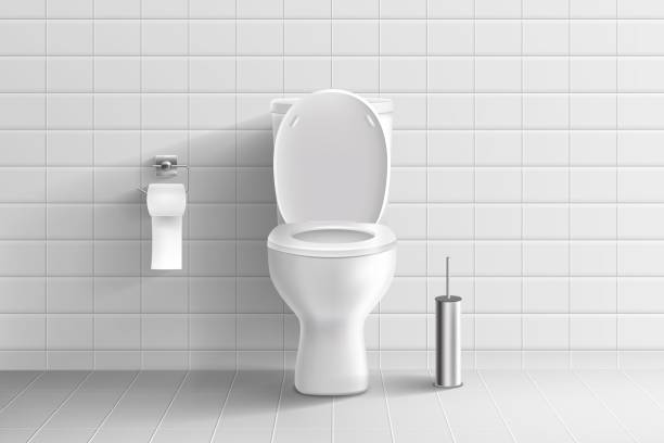 istock Toilet in bathroom. 3d isolated seat, white tile, clean wc bowl, realistic interior, hanging paper on steel holder, ceramic room floor, home or public lavatory. Vector design illustration 2088871015