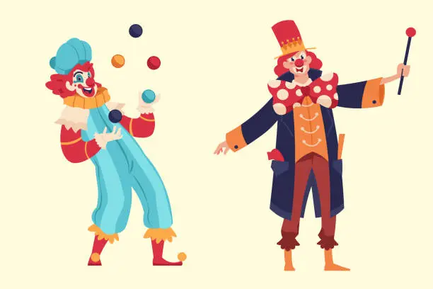 Vector illustration of Clowns. Cartoon jokers and jesters comedians with funny faces.Circus artists performing tricks. Cute jugglers entertaining children at birthday party or carnival shows. Vector characters set