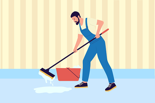 Housekeeper mopping floor. Cleaning service worker. Mop and bucket. Home wet cleanup. Man in overalls uniform. Apartment washing. House chores. Professional male maid. Vector housekeeping illustration