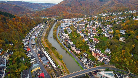 Aerial view of the old town of the city Altena on a cloudy day in autumn in Germany.