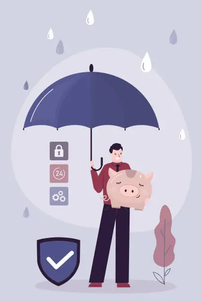 Vector illustration of Financial and business insurance. Saving money and protecting bank deposit. Businessman holds umbrella and cover piggy bank account, insure assets. money protection and guarantee