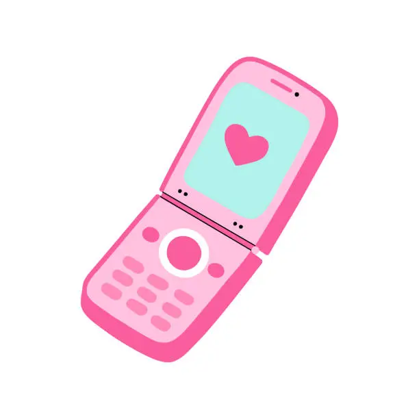 Vector illustration of Fashion 90s-00s flip phone pink vector illustration on a white background flat hand drawn