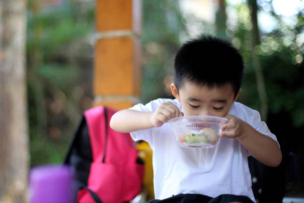 An Asian young boy is enjoying outdoor picnic eating joyfully