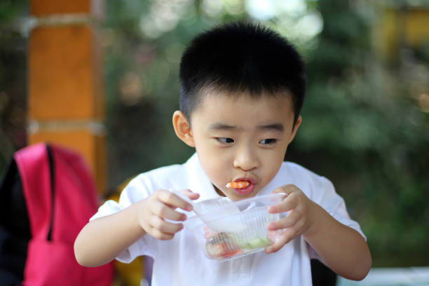 An Asian young boy is enjoying outdoor picnic eating joyfully