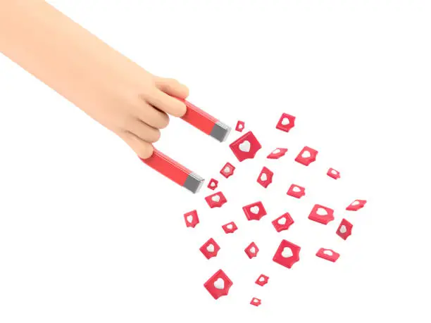 Photo of Human hand holding magnet with pin hearts. Concept of concept of attracting an audience. SMM metaphor, revealing the concept of followers.3D rendering on white background.