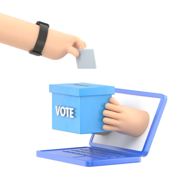 flat 3d isometric businessman hand putting voting paper into ballot box that come out from laptop monitor. online voting and election concept.3d rendering on white background. - political rally business men laptop zdjęcia i obrazy z banku zdjęć