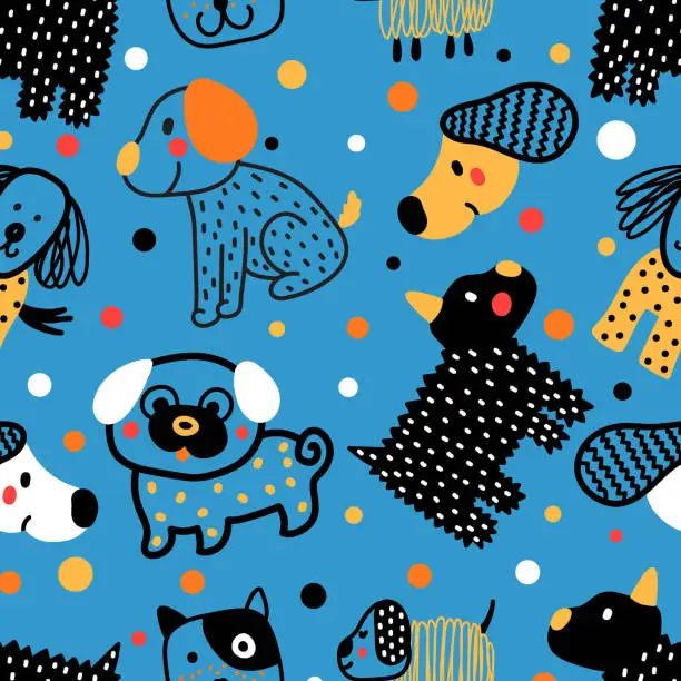 Vector illustration of Cute doggie. Funny children's seamless pattern.