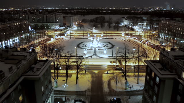 Aerial view of Nowa Huta at night during Christmas time, Krakow, Poland