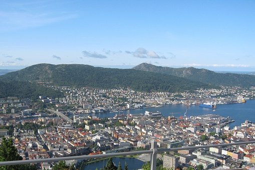 Aerial view of Bergen and harbor from Floyen viewpoint mountain in Norway. The electric cable funicular Fløibanen with a view of the city