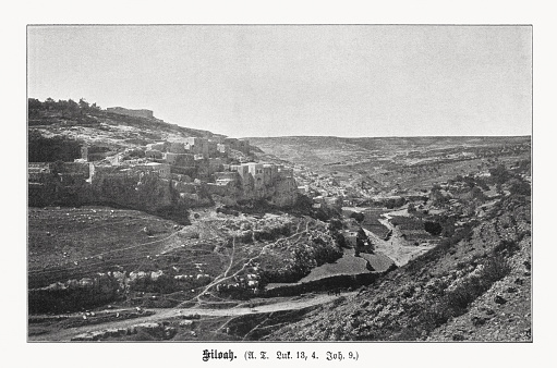 Historical view of the Kidron Valley and the village of Siloah (Silwan), near Jerusalem. Halftone print based on a photograph, published in 1899.