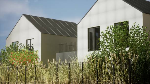 istock Architecture 3d rendering illustration of modern minimal house in cottage development 2088937653
