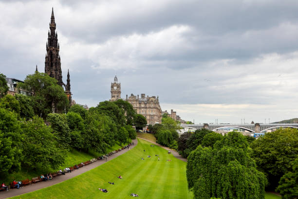 Edinburgh city buildings and autumn trees overlooking princes street gardens