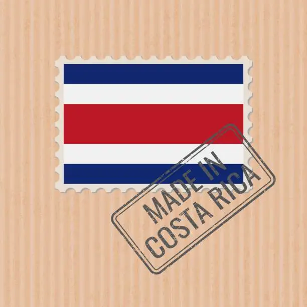 Vector illustration of Made in Costa Rica badge vector. Sticker with Costa Rican national flag. Ink stamp isolated on paper background.