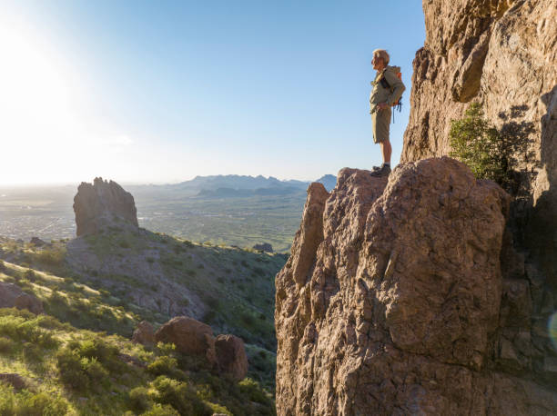 istock Hiker stands on rock pinnacle above desert 2088946131