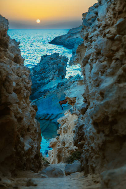 A scenic view of a rocky coastline at sunset