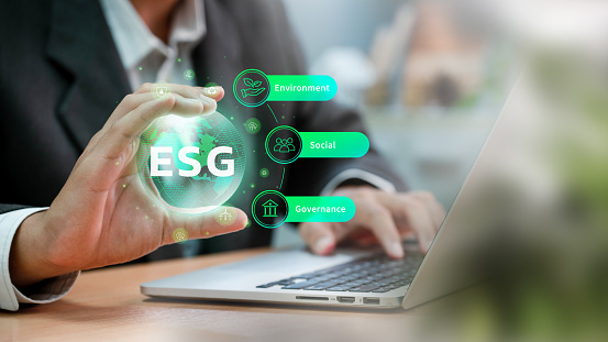 ESG Environmental Social Governance concept. Business investment analysis model. Socially responsible investing strategy. Corporate sustainability performance.