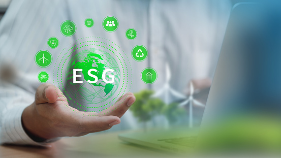 ESG Environmental Social Governance concept. Business investment analysis model. Socially responsible investing strategy. Corporate sustainability performance.