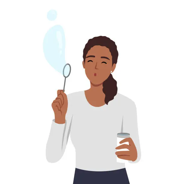 Vector illustration of Positive young pretty girl standing playing with air bubbles blowing air bubble toy like little child, having fun