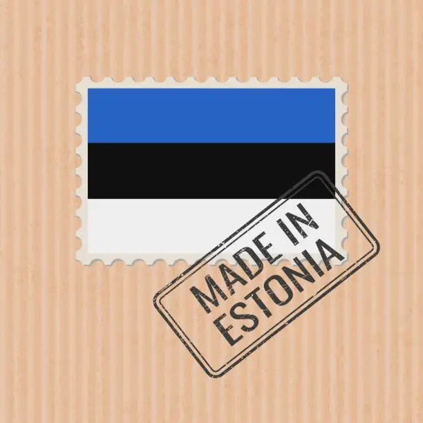 Vector illustration of Made in Estonia badge vector. Sticker with Estonian national flag. Ink stamp isolated on paper background.