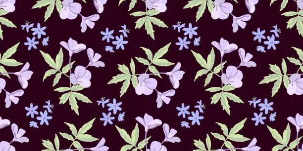 Vector illustration of Vector branch seamless pattern on dark burgundy background small wildflowers