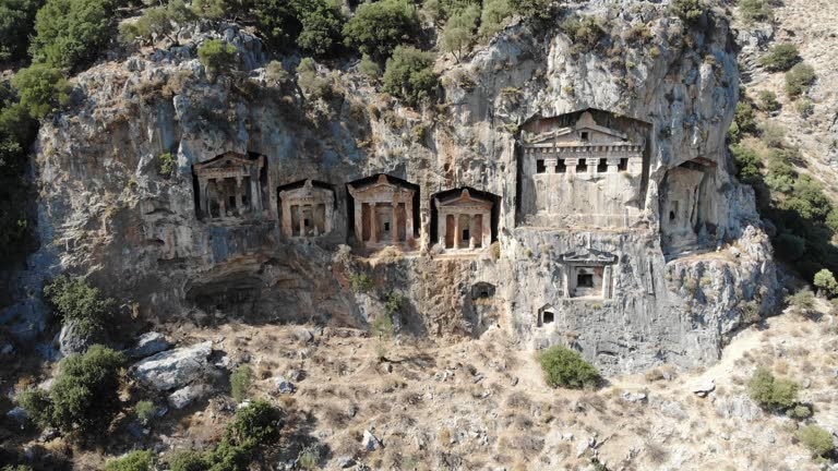 Muğla Dalyan Lycian Caunos Rock Tombs Drone wiew stock video