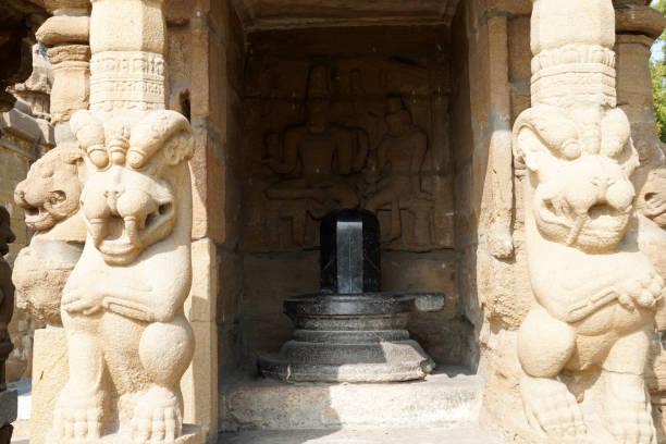 Ancient sculpture in the small shrine of historic Kanchi Kailasanathar temple in Kanchipuram, Tamilnadu.