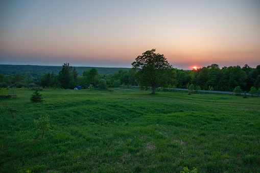 A sun sets over a field and forest on hazy clouds due to a forest fire