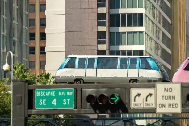 Public transportation in downtown Miami in Florida USA. Metrorail city train car on high railroad over street traffic between skyscraper buildings in modern American megapolis.