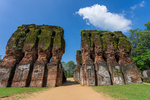 View of the East Mebon, a 10th Century temple at Angkor, Cambodia. Built during the reign of King Rajendravarman, it stands on what was an artificial island at the center of the now dry East Baray reservoir.