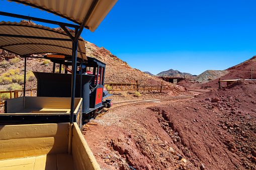 Calico Ghost Town,  California, United States - October 6, 2023: Train ride along the old mines of Calico