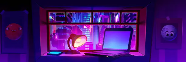 Vector illustration of View on night city with neon glow through window