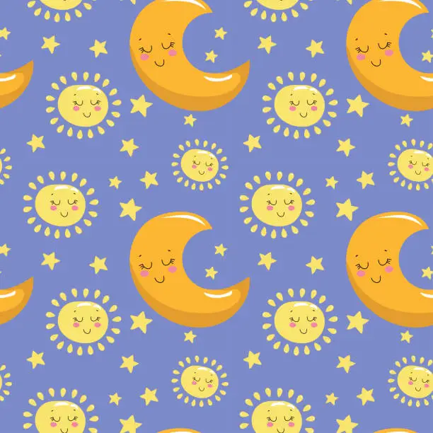 Vector illustration of Hand drawn seamless illustration of weather elements in kawaii style. Sun. Cute elements