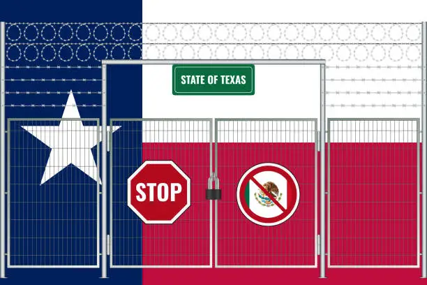 Vector illustration of Texas flag behind barbed wire and a fence with a lock. The problem of illegal migration