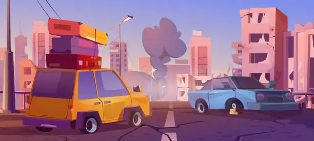 Vector illustration of Car with baggage in abandoned ruin city