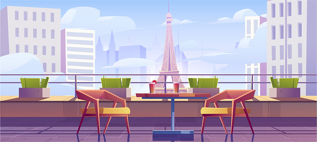 Eiffel tower view from big balcony or roof top with cocktail in glass on table and couple of chairs. Cartoon vector illustration of romantic holiday in Paris. French cafe terrace in famous landscape.