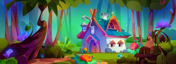 Vector illustration of Magic tiny house of gnome or elf in forest