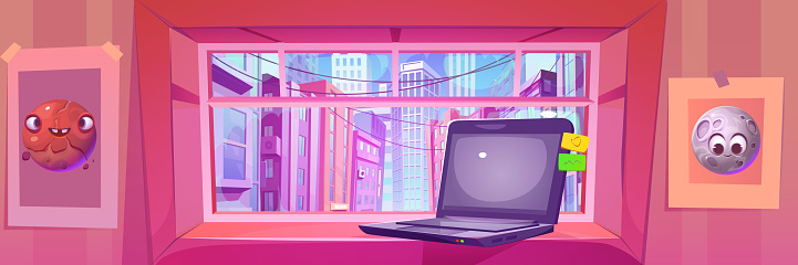 View on modern city through window of warm cozy room with laptop on windowsill and pictures on wall. Cartoon vector interior with portative computer on large glass opening and cityscape behind it.