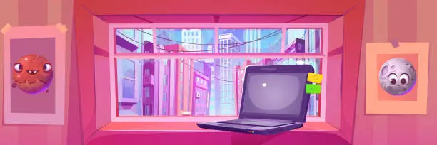 Vector illustration of View on city through window with laptop on sill