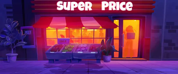 Vector illustration of Grocery store at night with light from windows