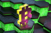 Bitcoin Cryptocurrency Sign on Abstract Hexagonal Structure